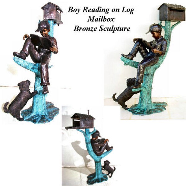 Bronze Boy and Dog on Log Mailbox garden statue bronze sculptures